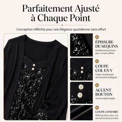 Haut féminin à paillettes et patchwork, style faux deux-pièces