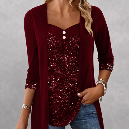 Haut féminin à paillettes et patchwork, style faux deux-pièces