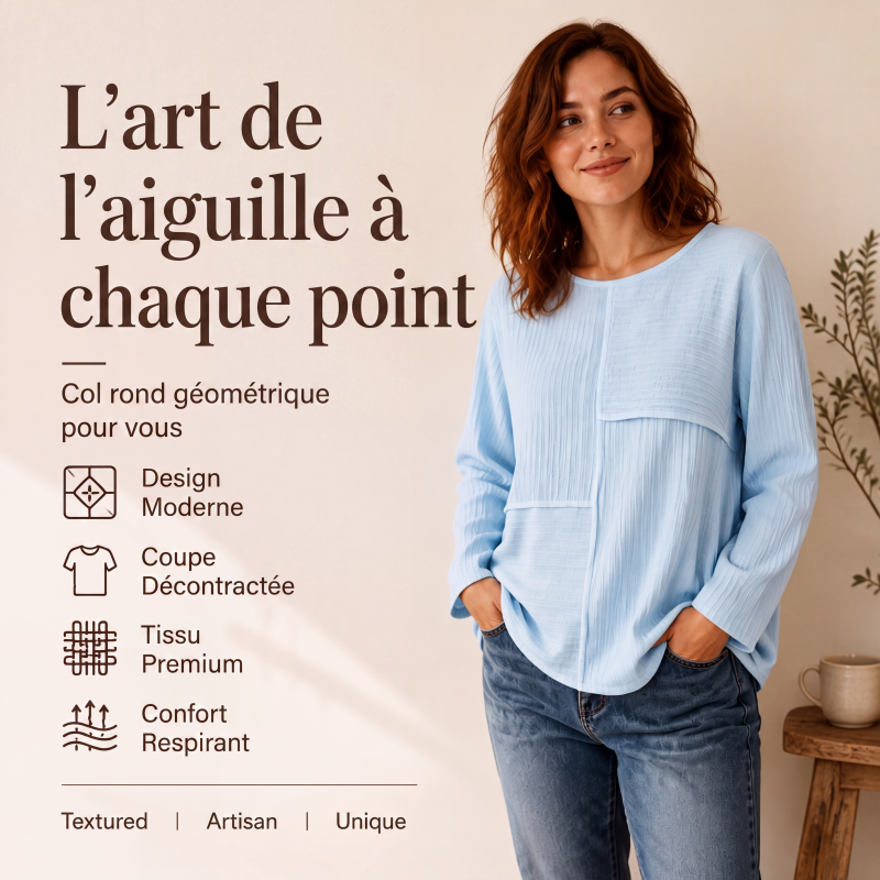 Haut à col rond pour femme avec patchwork texturé