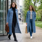 Manteau en jean long décontracté pour femme, à boutons