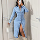 Robe mi-longue en jean à manches longues et col boutonné