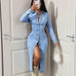 Robe mi-longue en jean à manches longues et col boutonné