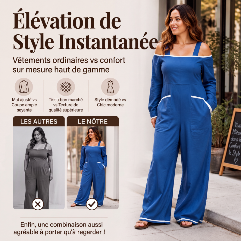 Combinaison pour femme à épaules dénudées avec bordure contrastante