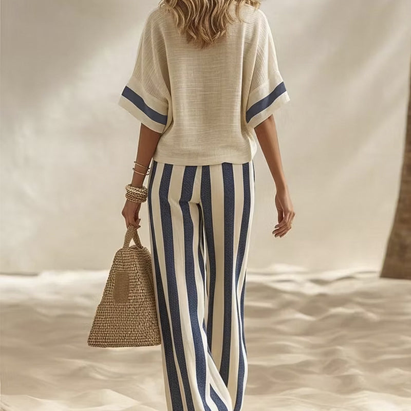 Offre à durée limitée : ensemble pantalon large rayé deux pièces décontracté pour femme