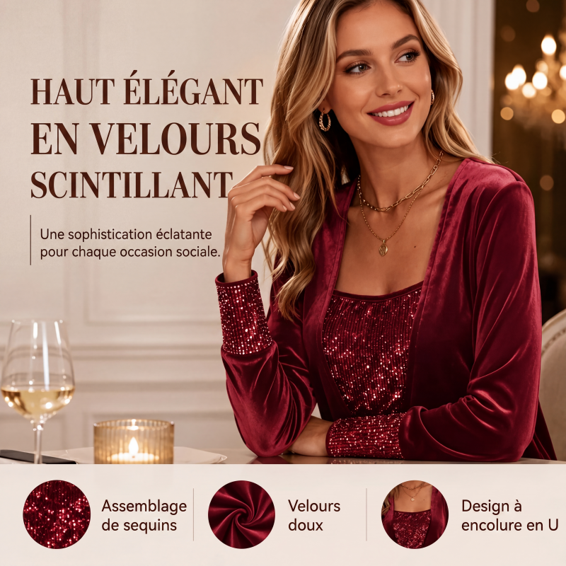 Haut à manches longues élégant pour femme avec patchwork de sequins