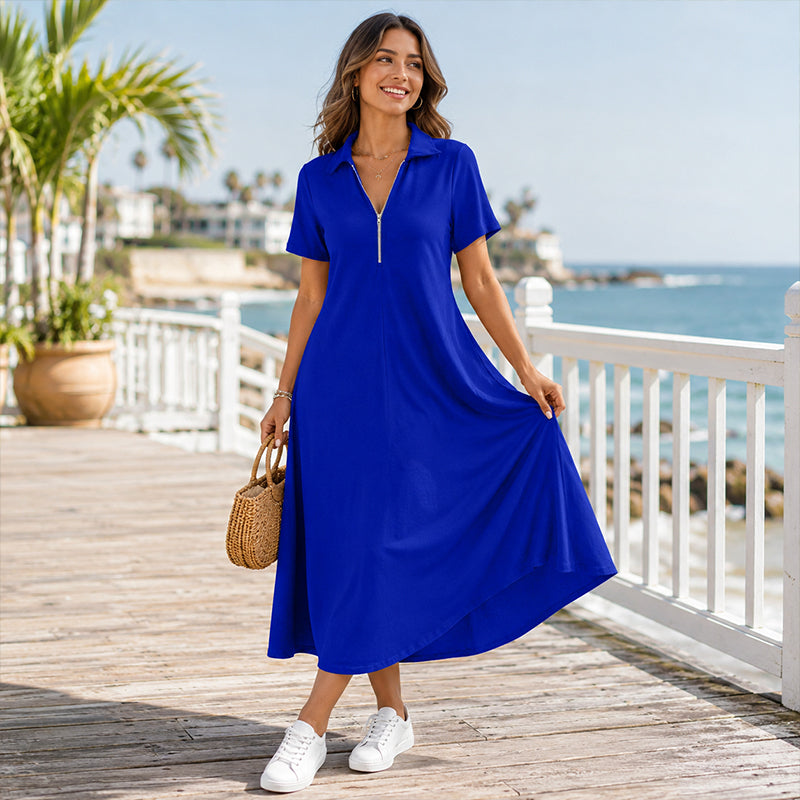 Robe longue décontractée pour femme, couleur unie, avec fermeture éclair