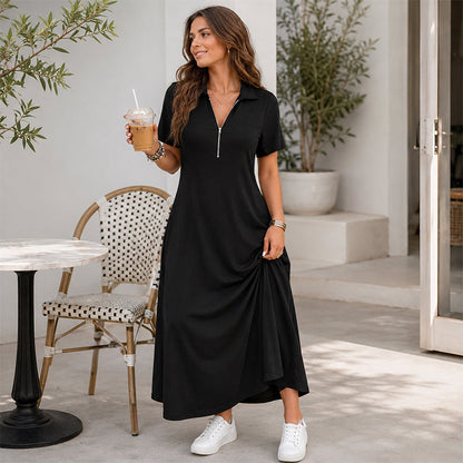 Robe longue décontractée pour femme, couleur unie, avec fermeture éclair