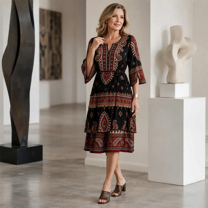 Robe bohème à col V et volants étagés pour femme