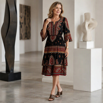 Robe bohème à col V et volants étagés pour femme