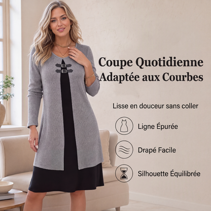 Robe décontractée pour femme en maille côtelée à manches longues