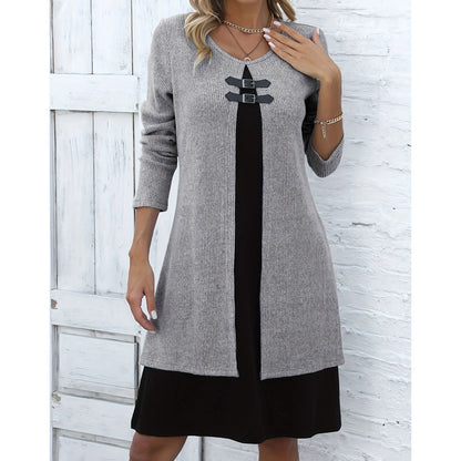 Robe décontractée pour femme en maille côtelée à manches longues