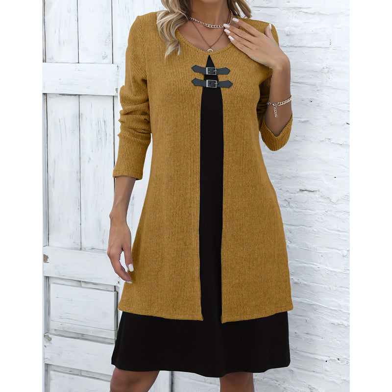 Robe décontractée pour femme en maille côtelée à manches longues
