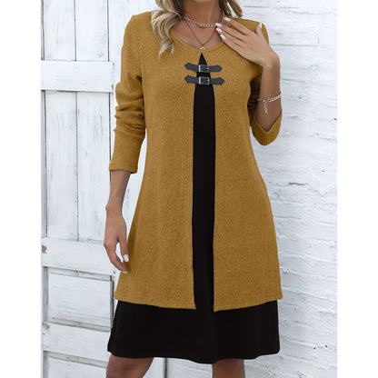 Robe décontractée pour femme en maille côtelée à manches longues
