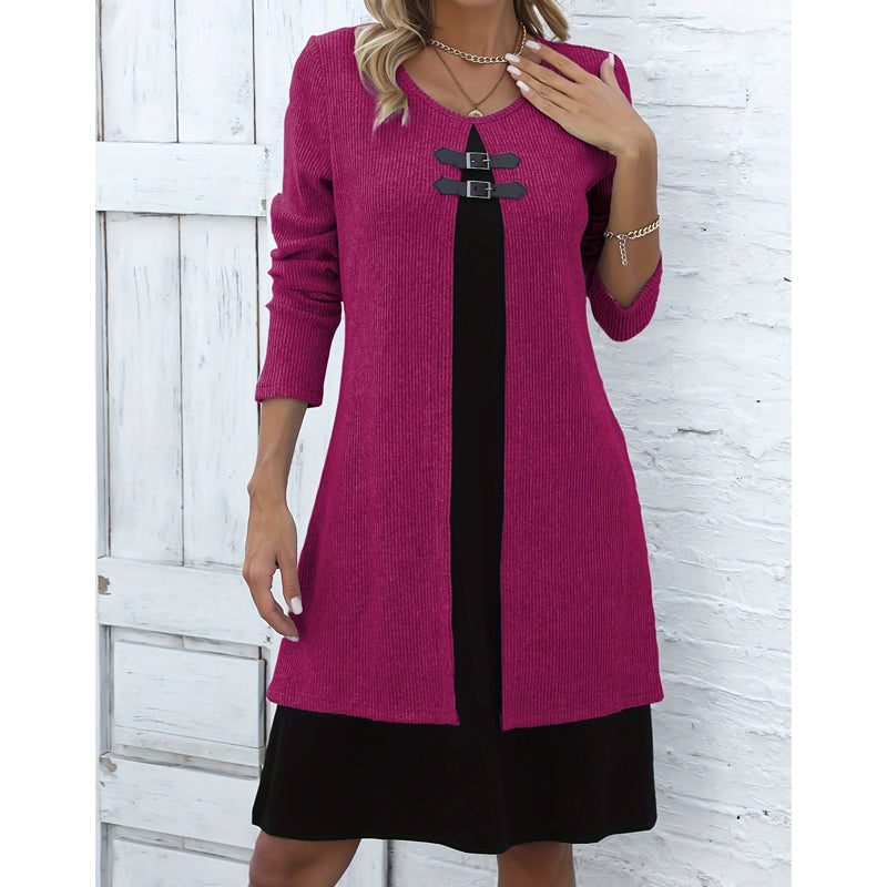 Robe décontractée pour femme en maille côtelée à manches longues