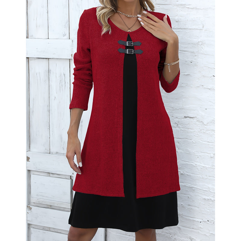 Robe décontractée pour femme en maille côtelée à manches longues