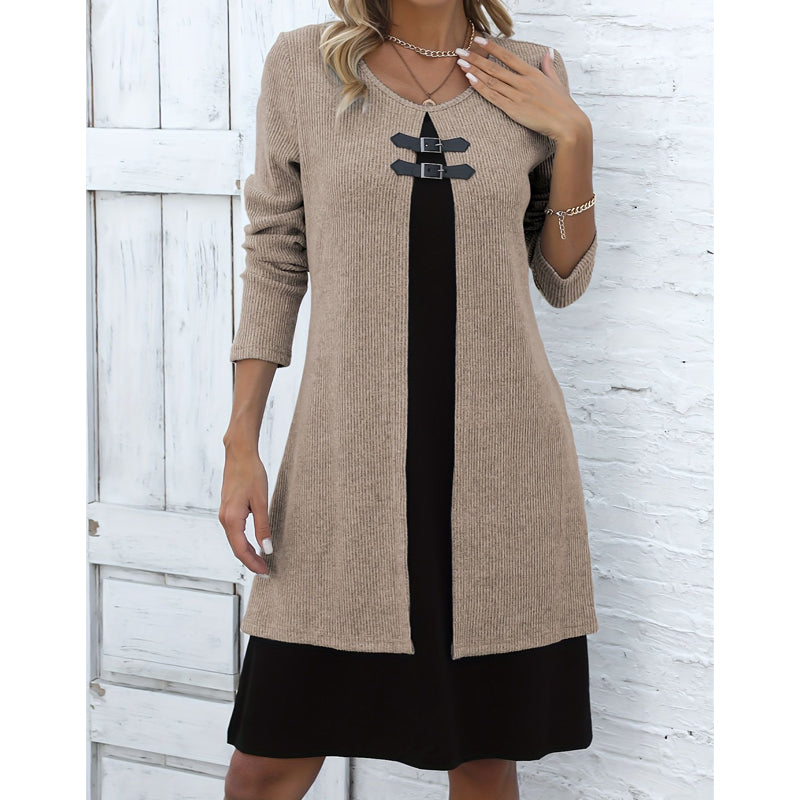 Robe décontractée pour femme en maille côtelée à manches longues