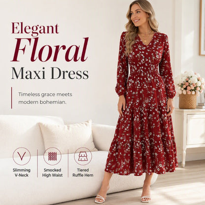 Robe femme à motif floral, col en V, taille smockée et volants