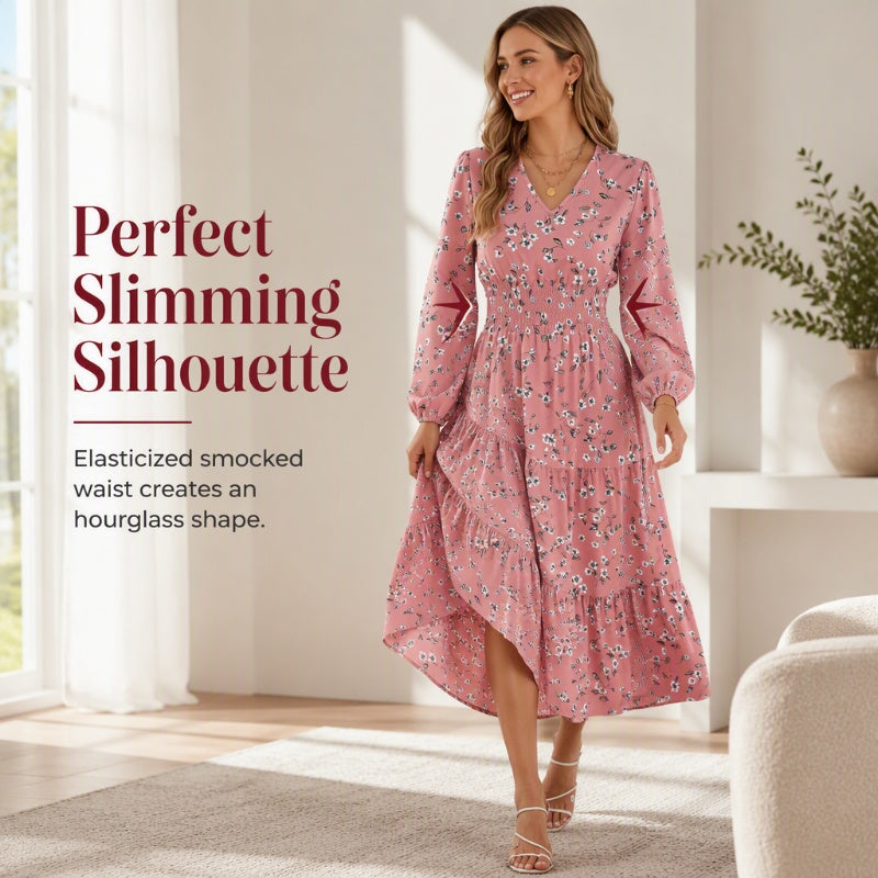Robe femme à motif floral, col en V, taille smockée et volants