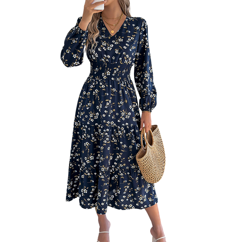 Robe femme à motif floral, col en V, taille smockée et volants