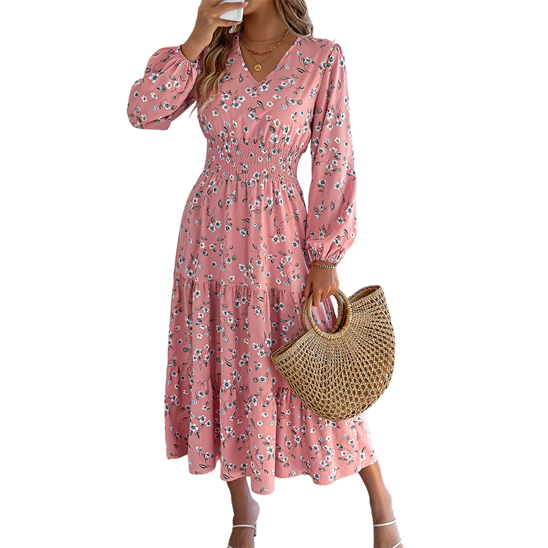 Robe femme à motif floral, col en V, taille smockée et volants