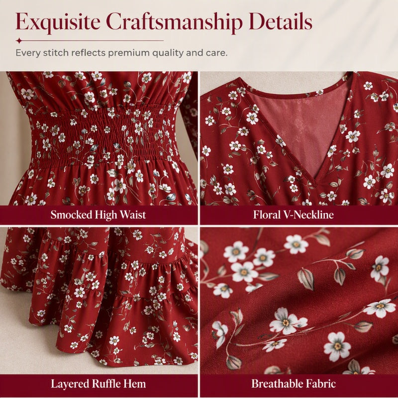 Robe femme à motif floral, col en V, taille smockée et volants