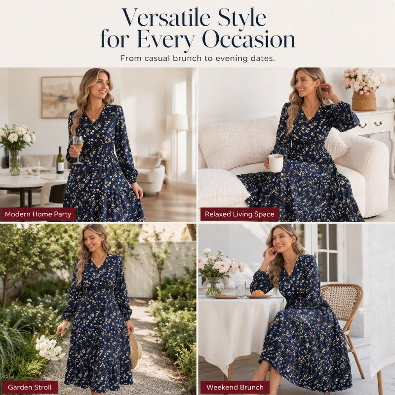 Robe femme à motif floral, col en V, taille smockée et volants