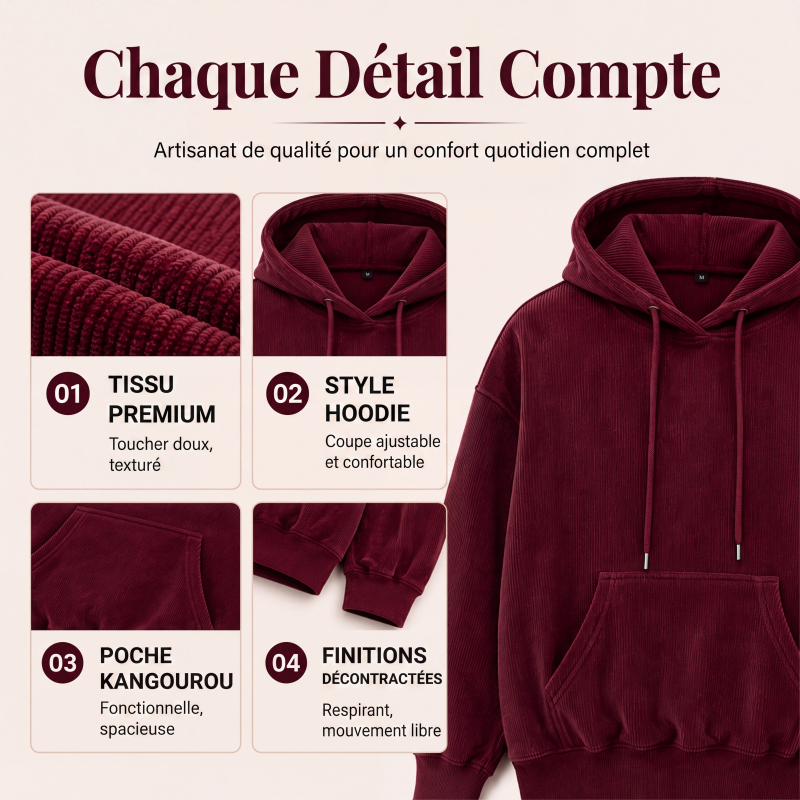 Sweat à capuche en velours côtelé pour femmes avec poches