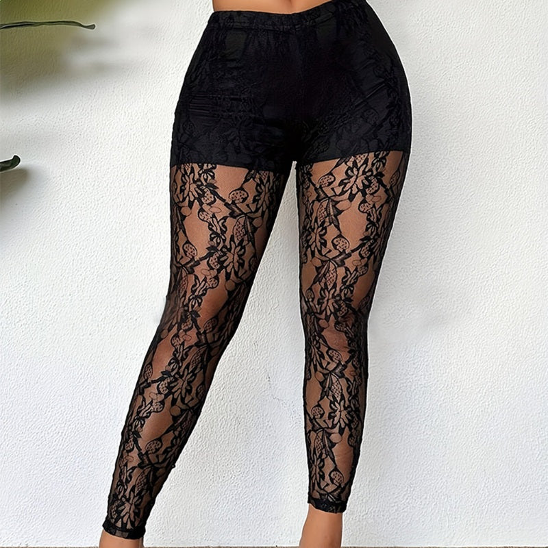 Pantalon pour femme en maille de dentelle transparente et sexy
