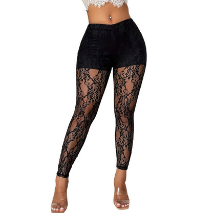 Pantalon pour femme en maille de dentelle transparente et sexy