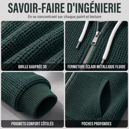 Sweat à capuche en maille gaufrée à fermeture éclair intégrale pour homme