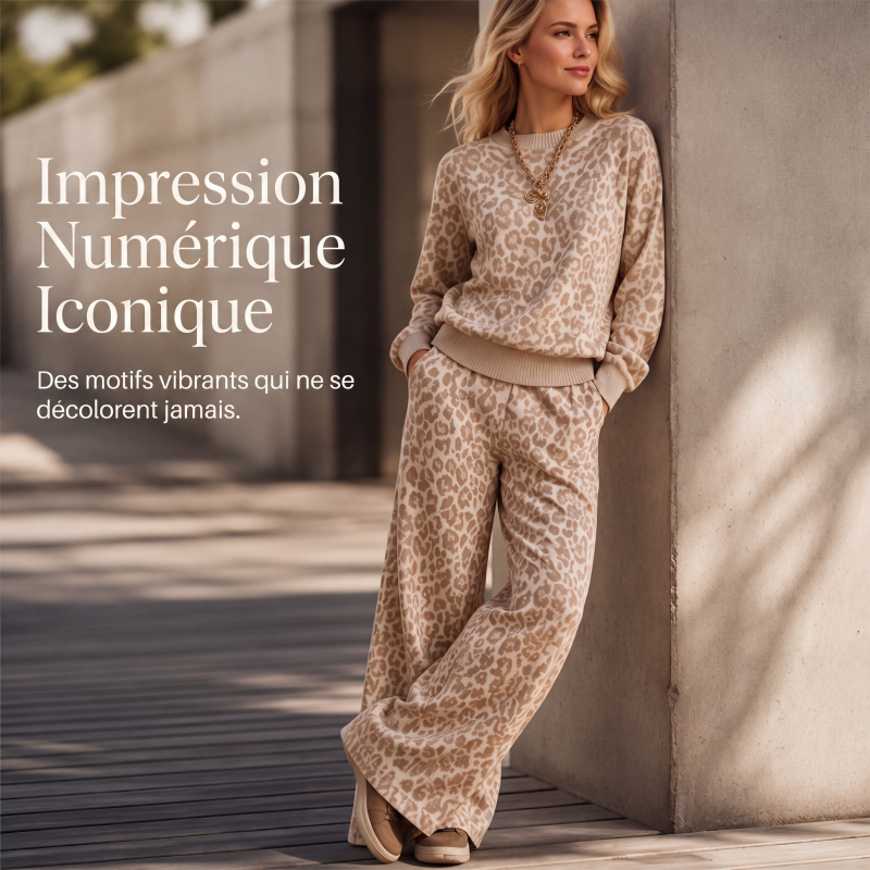 Ensemble sweat à imprimé léopard et pantalon large pour femme