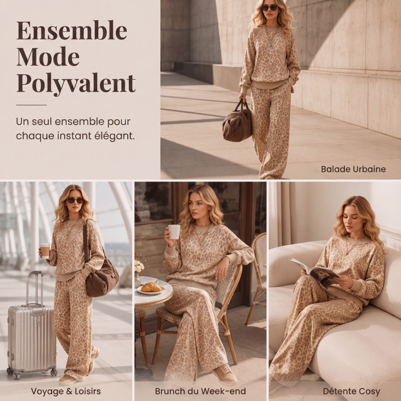 Ensemble sweat à imprimé léopard et pantalon large pour femme