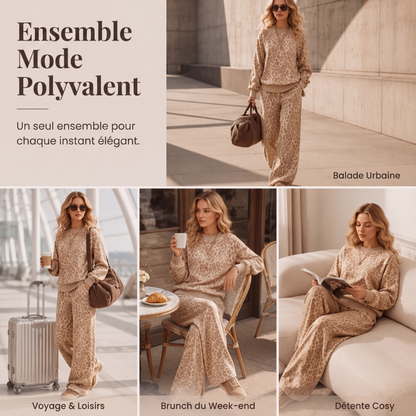 Ensemble sweat à imprimé léopard et pantalon large pour femme