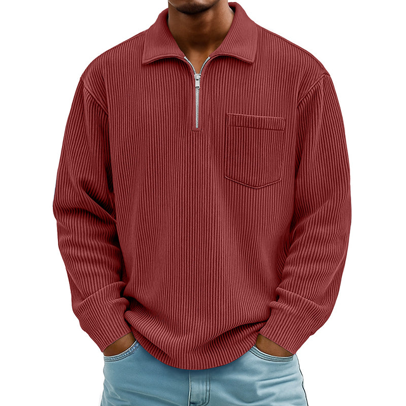 Pull décontracté à col demi-zip côtelé pour homme