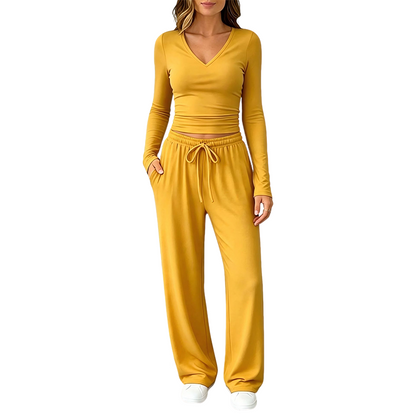 Ensemble pour femme : haut à col V à manches longues et pantalon à jambes larges