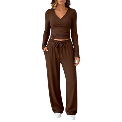 Ensemble pour femme : haut à col V à manches longues et pantalon à jambes larges