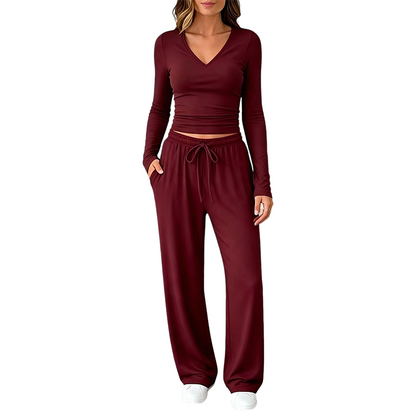 Ensemble pour femme : haut à col V à manches longues et pantalon à jambes larges