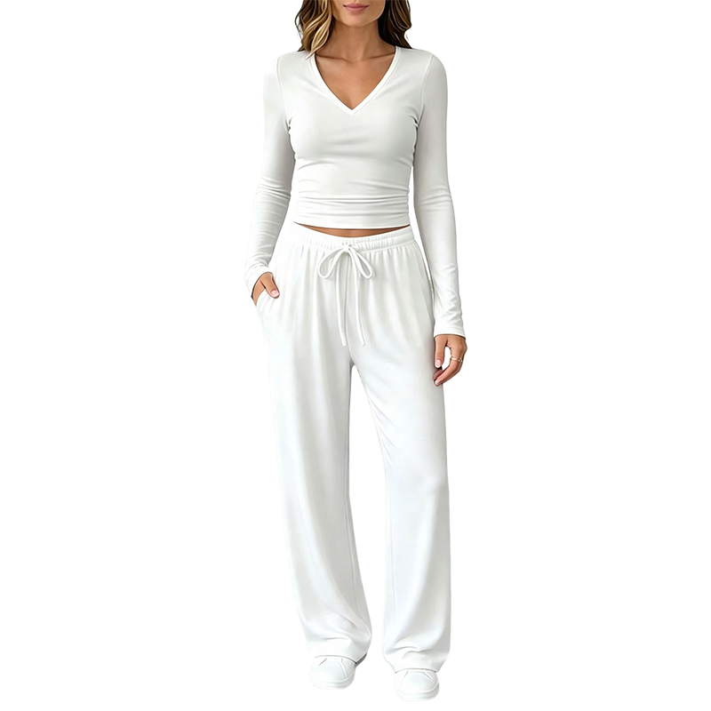 Ensemble pour femme : haut à col V à manches longues et pantalon à jambes larges