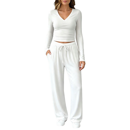 Ensemble pour femme : haut à col V à manches longues et pantalon à jambes larges
