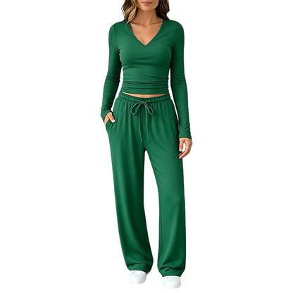 Ensemble pour femme : haut à col V à manches longues et pantalon à jambes larges