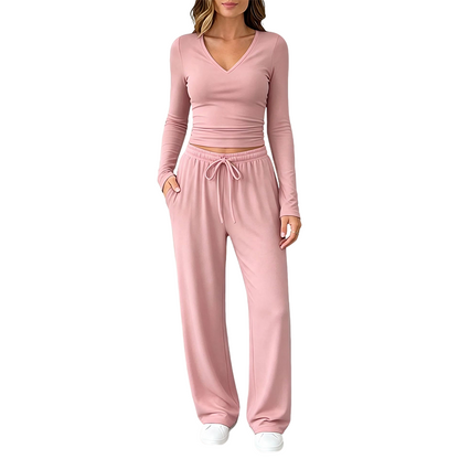 Ensemble pour femme : haut à col V à manches longues et pantalon à jambes larges