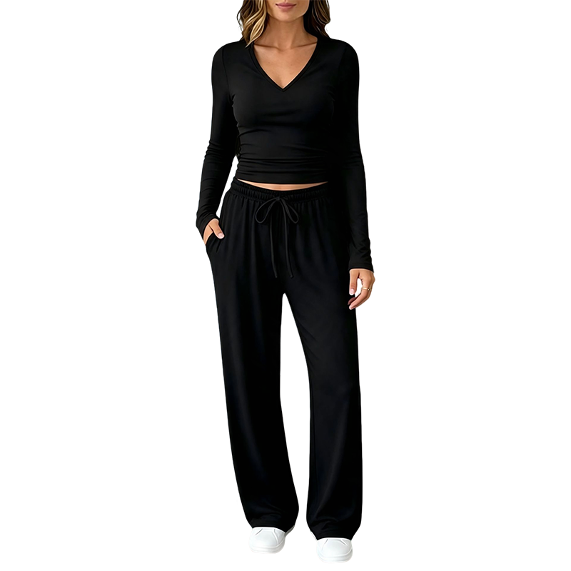 Ensemble pour femme : haut à col V à manches longues et pantalon à jambes larges