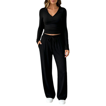 Ensemble pour femme : haut à col V à manches longues et pantalon à jambes larges