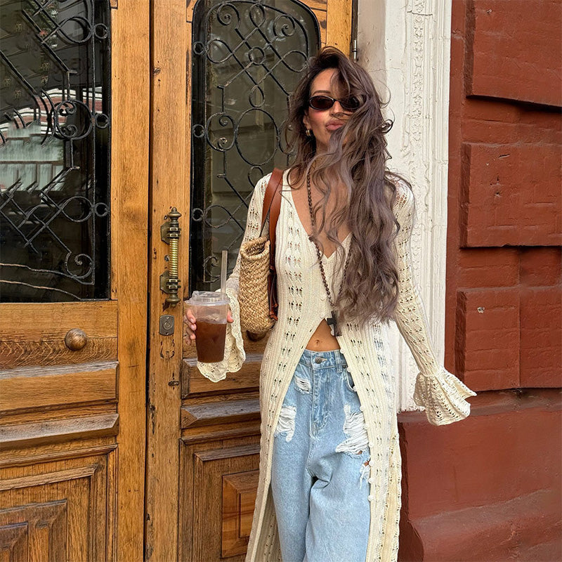 Cardigan long en crochet ajouré pour femme