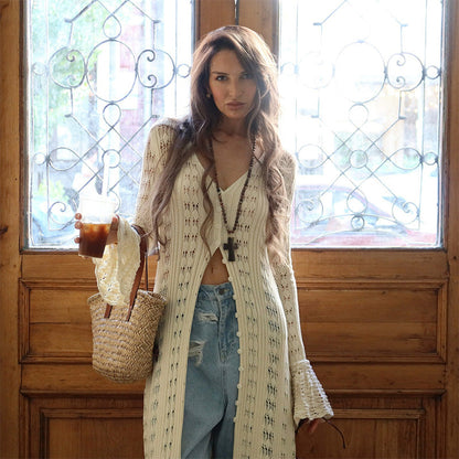 Cardigan long en crochet ajouré pour femme