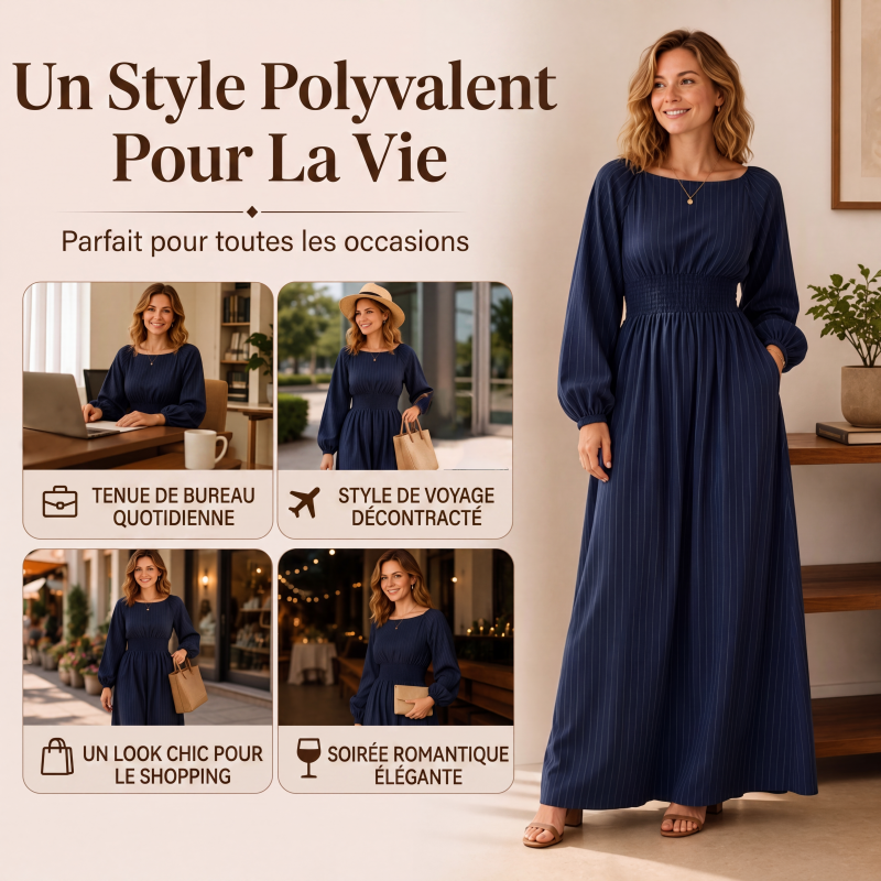 Robe longue rayée pour femme à taille élastique