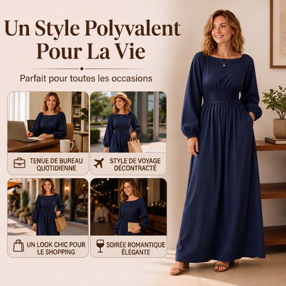 Robe longue rayée pour femme à taille élastique
