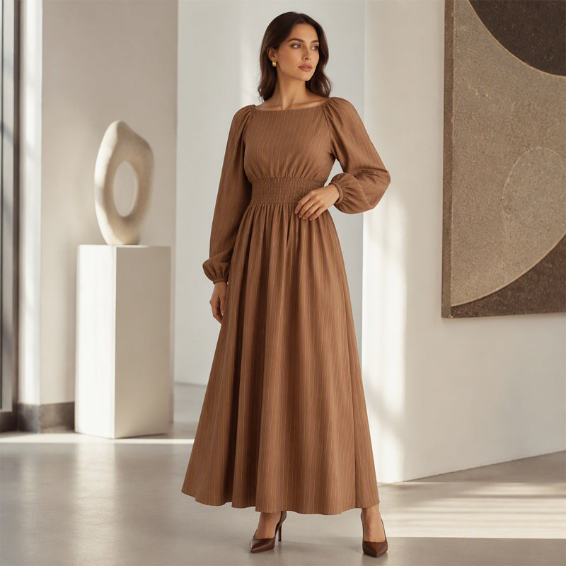 Robe longue rayée pour femme à taille élastique
