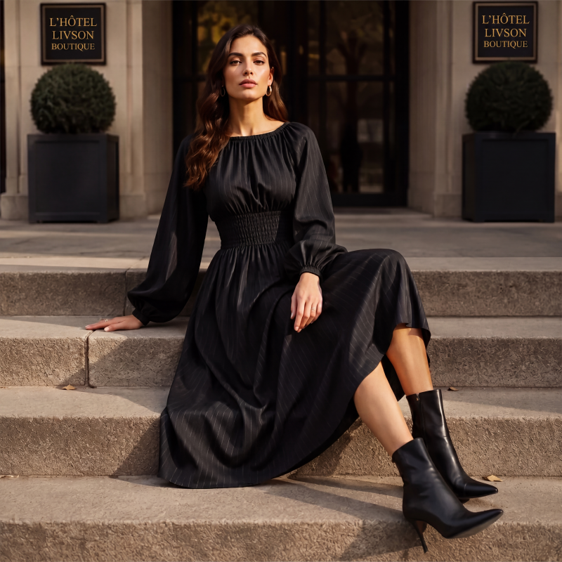 Robe longue rayée pour femme à taille élastique