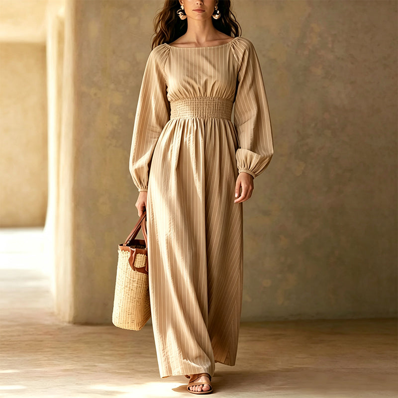 Robe longue rayée pour femme à taille élastique
